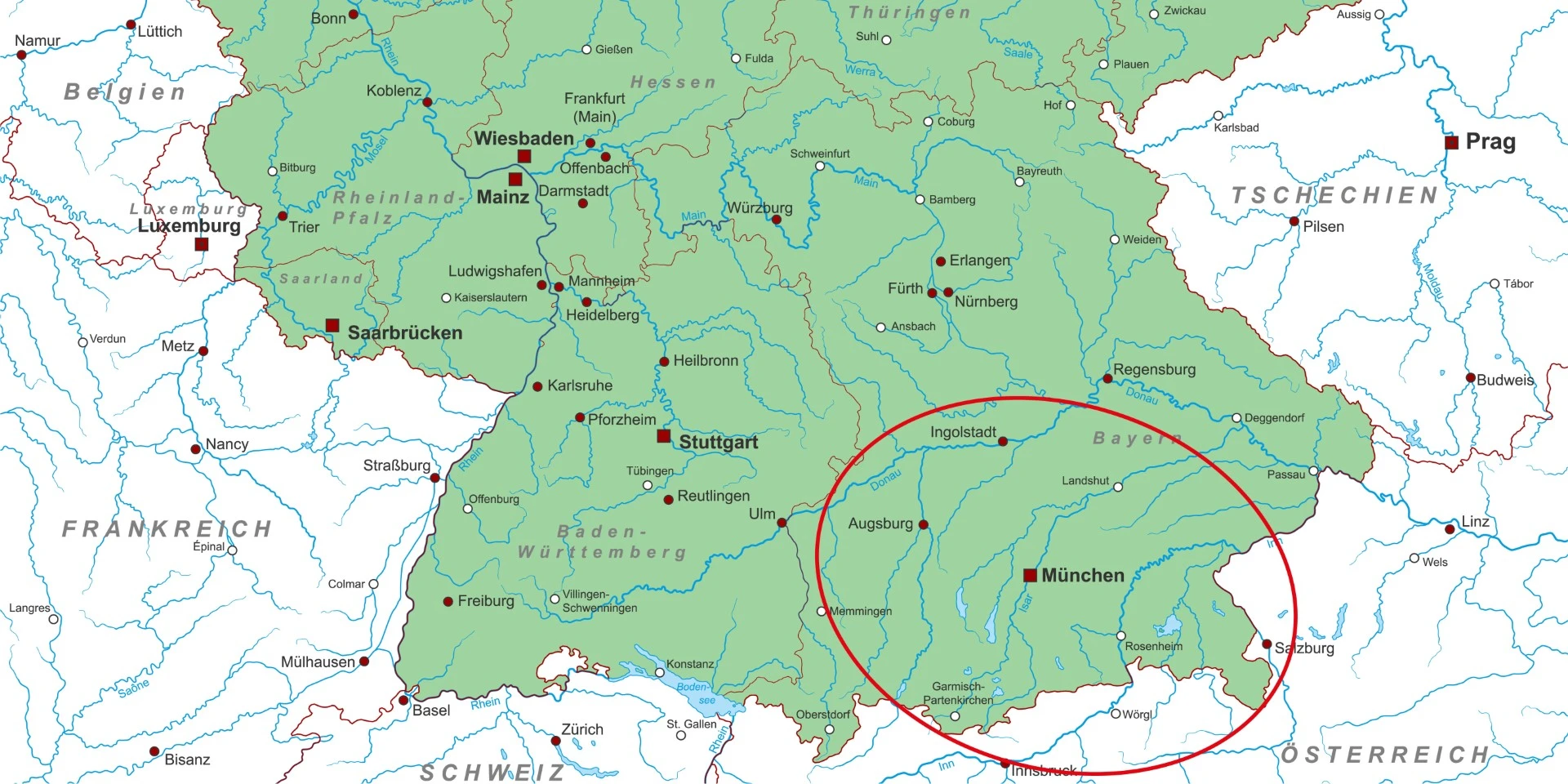 Karte mit unserer Einsatzumgebung Rosenheim, München, Augsburg, Ulm, Stuttgart, Landshut, Ingolstadt, Passau, Deggendorf, Regensburg.